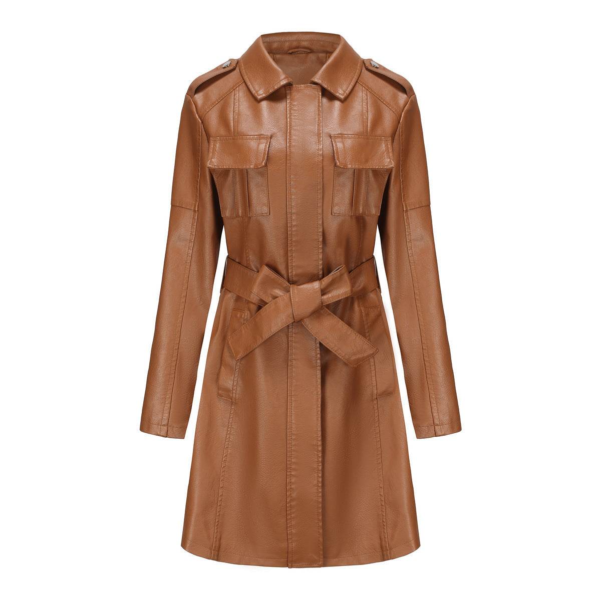Women's Stylish Mid-Length Leather Coat with Belt - British Design 2025 - Buy Center