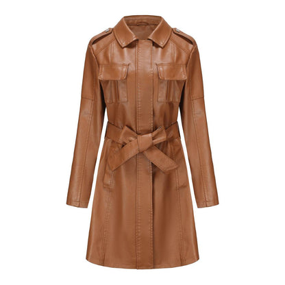 Women's Stylish Mid-Length Leather Coat with Belt - British Design 2025 - Buy Center