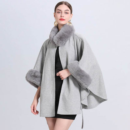 Buycenter Women's Rabbit Fur Collar Shawl Cape - Knitted Padded Jacket - Buy Center