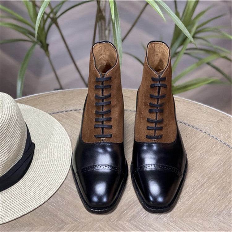 Men's High-Top Cowhide Boots - Lace-Up, Stylish Color Matching Design - Buy Center