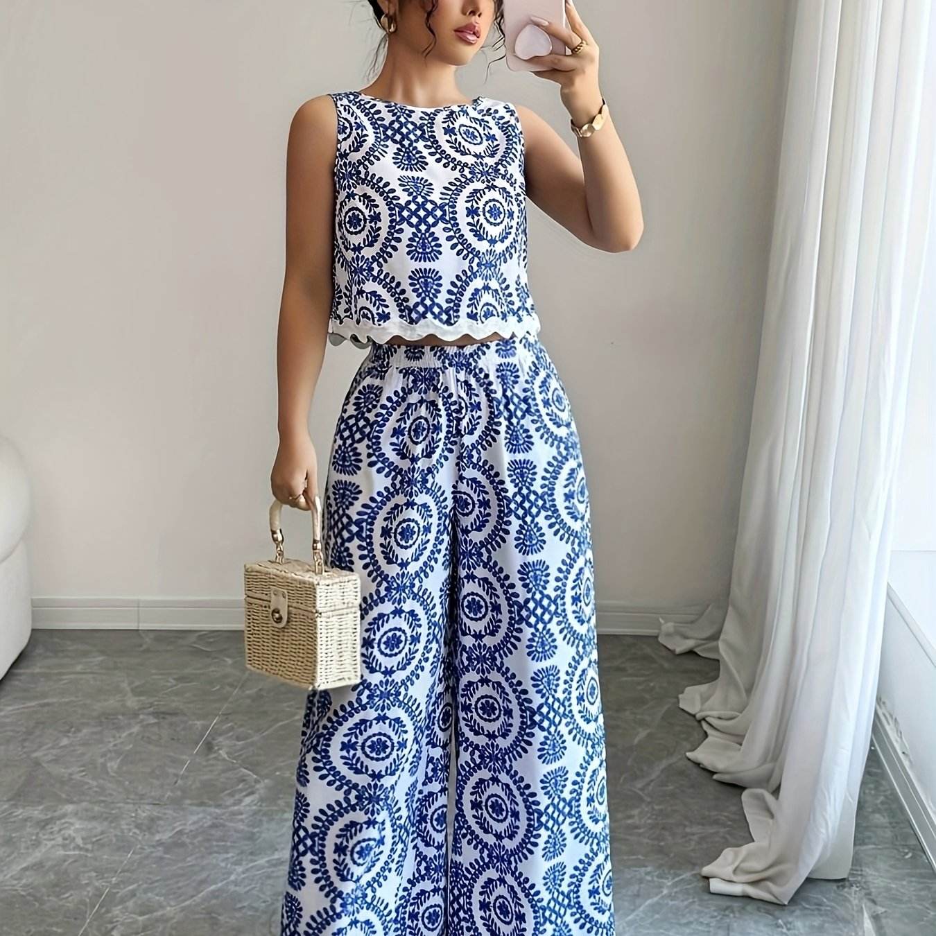 Elegant Women's 2pcs Set - Plant Pattern Top & Pants for All Seasons - Buy Center