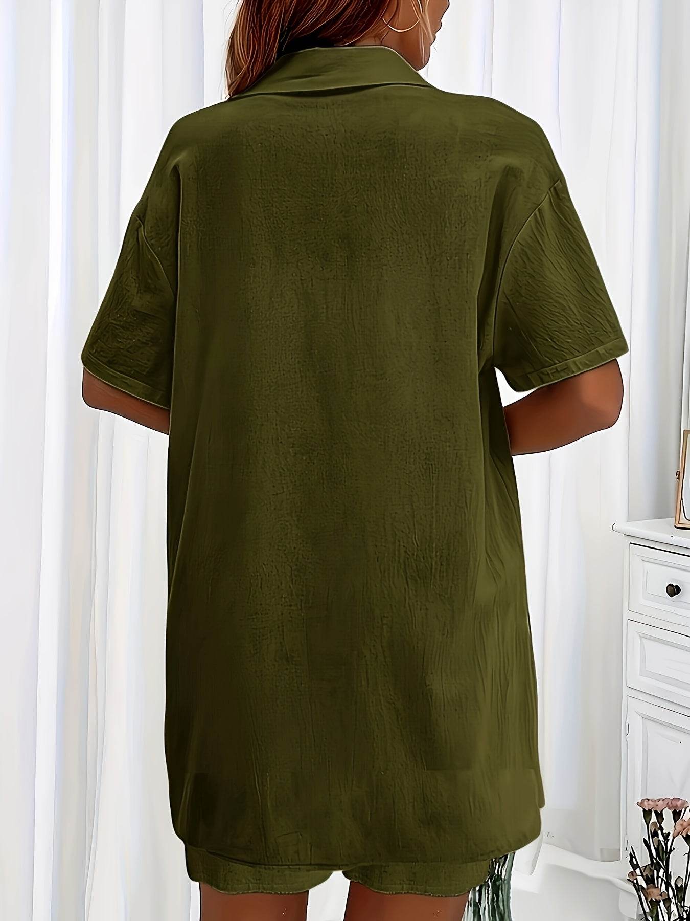 Women's Solid Color Two-Piece Set - Fashionable Pocket Shirt & Shorts - Buy Center