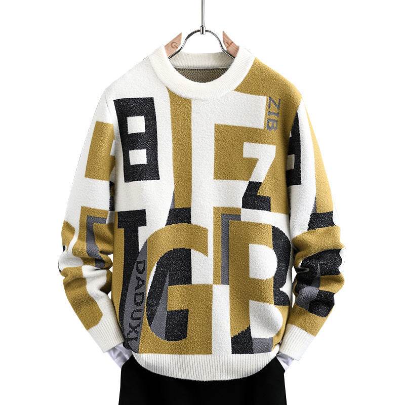 Men's Casual Loose Fit Sweater - Trendy Letter Jacquard Design - Buy Center