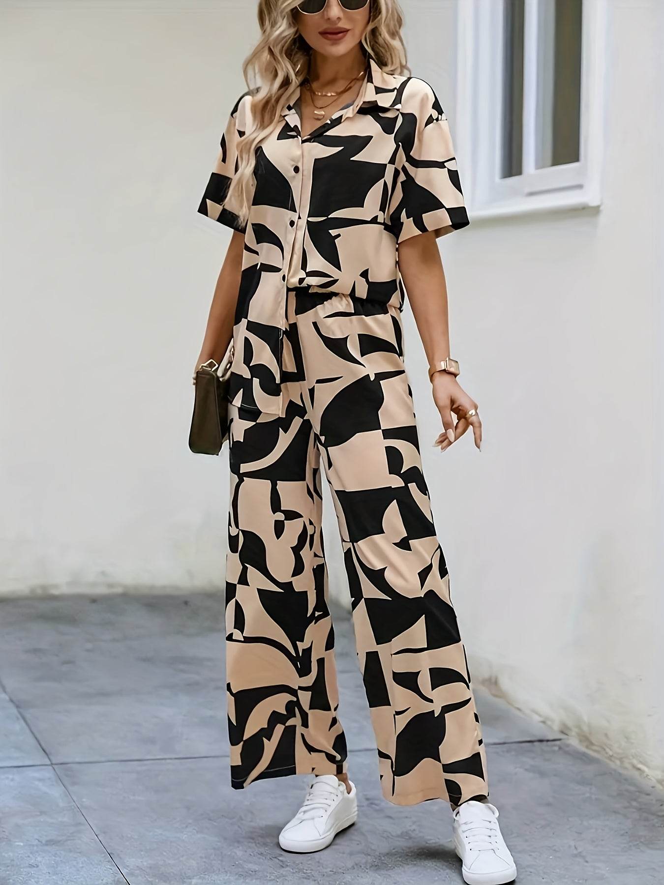 Elegant Geometric Print Shirt & Wide-Leg Pants Set - Spring Style - Buy Center
