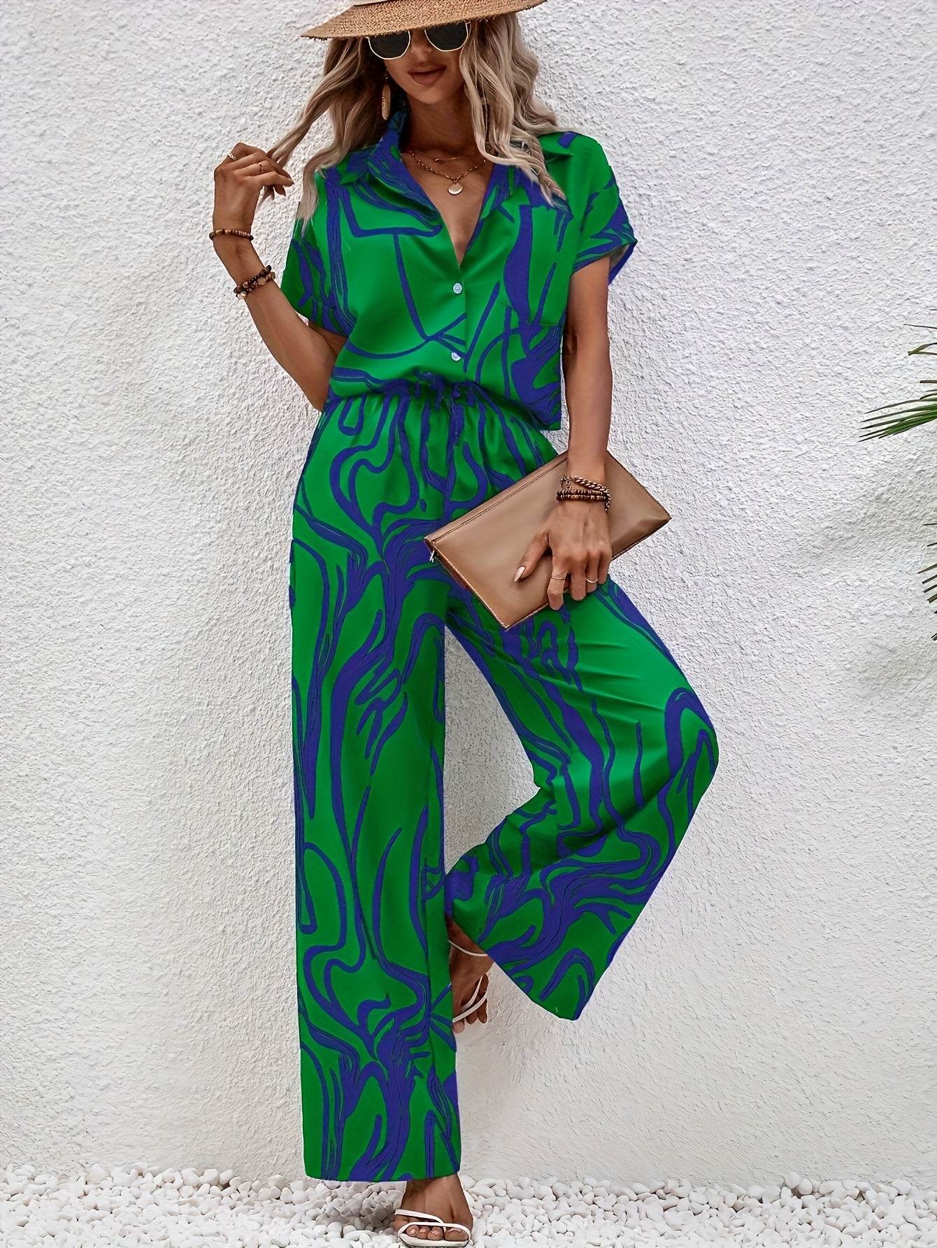 Women's Abstract Print Short Sleeve Shirt & Trousers Set - Casual Style - Buy Center