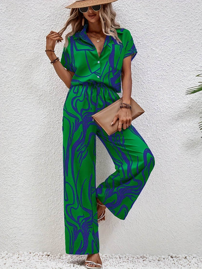 Women's Abstract Print Short Sleeve Shirt & Trousers Set - Casual Style - Buy Center