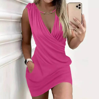 Buycenter V-Neck Pocket Dress - Elegant Drawstring Style, Loose Fit - Buy Center