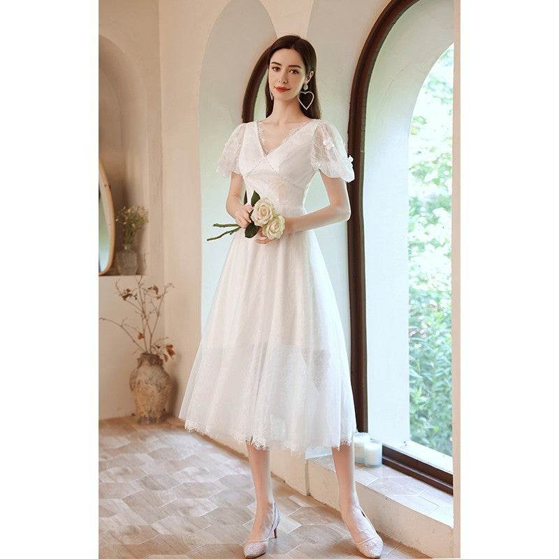 Buycenter White Evening Dress - Embroidered Deep V-Neck for Weddings - Buy Center