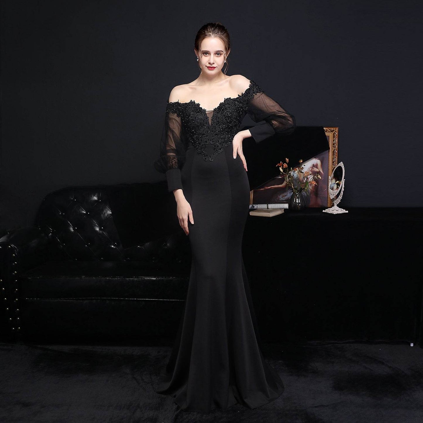 Buycenter Long-Sleeved Evening Dress - Full Craft Lace & Satin - Buy Center
