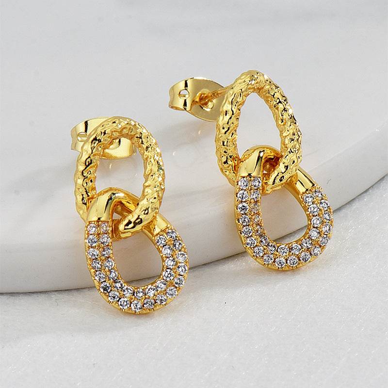 Retro Double Ring Stud Earrings - 18K Gold & Micro Inlaid Zirconium - Buy Center