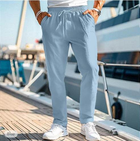 Men's Summer Elastic Waist Trousers - Straight Fit, Cotton Blend - Buy Center
