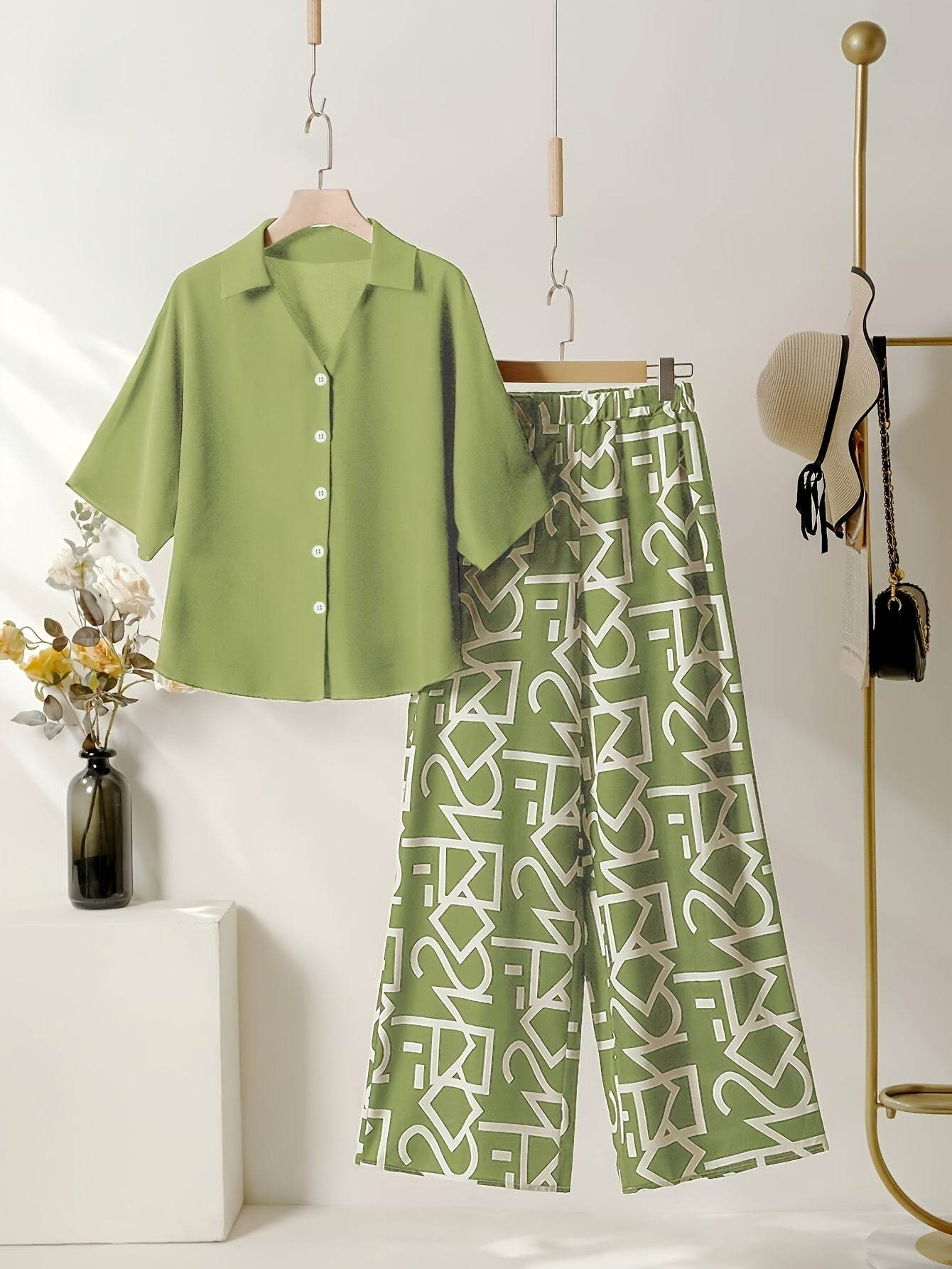 Elegant Women's Commuter Set - Batwing Sleeve V-Neck Top & Pants - Buy Center