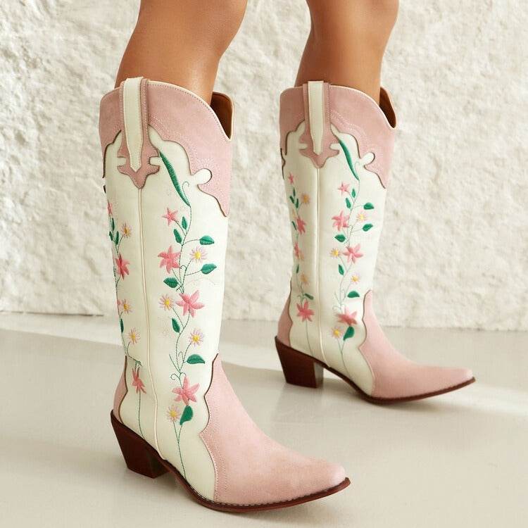 Plus Size Embroidered Knee-high Boots - Thick-Heeled Floral Design - Buy Center