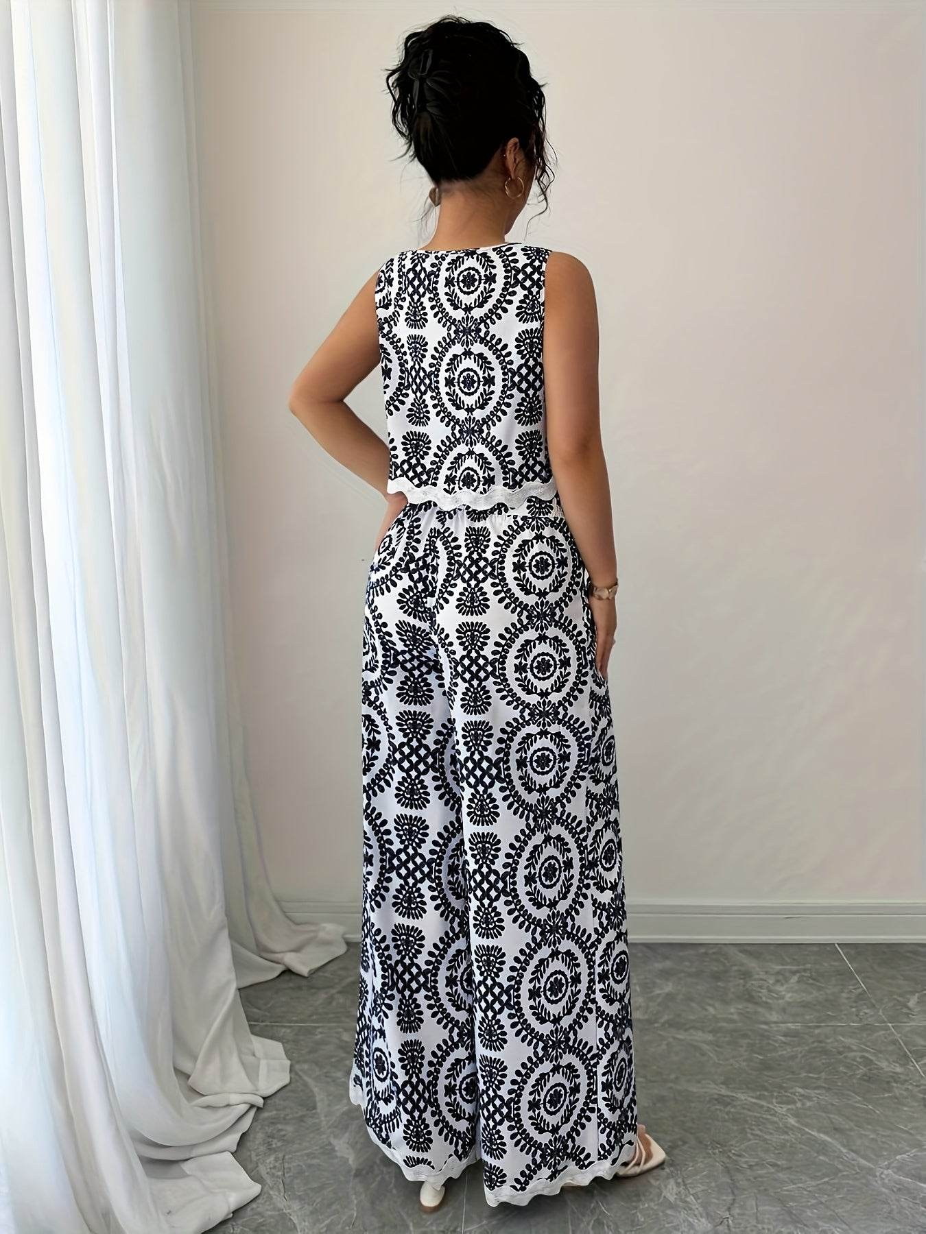 Elegant Women's 2pcs Set - Plant Pattern Top & Pants for All Seasons - Buy Center