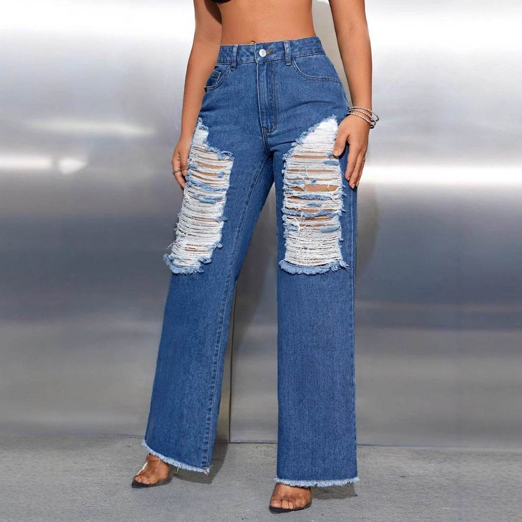 Women's Ripped Wide Leg Denim Trousers - High Waist Dark Blue Jeans - Buy Center