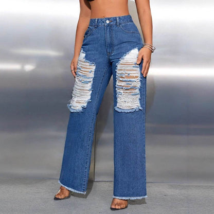 Women's Ripped Wide Leg Denim Trousers - High Waist Dark Blue Jeans - Buy Center