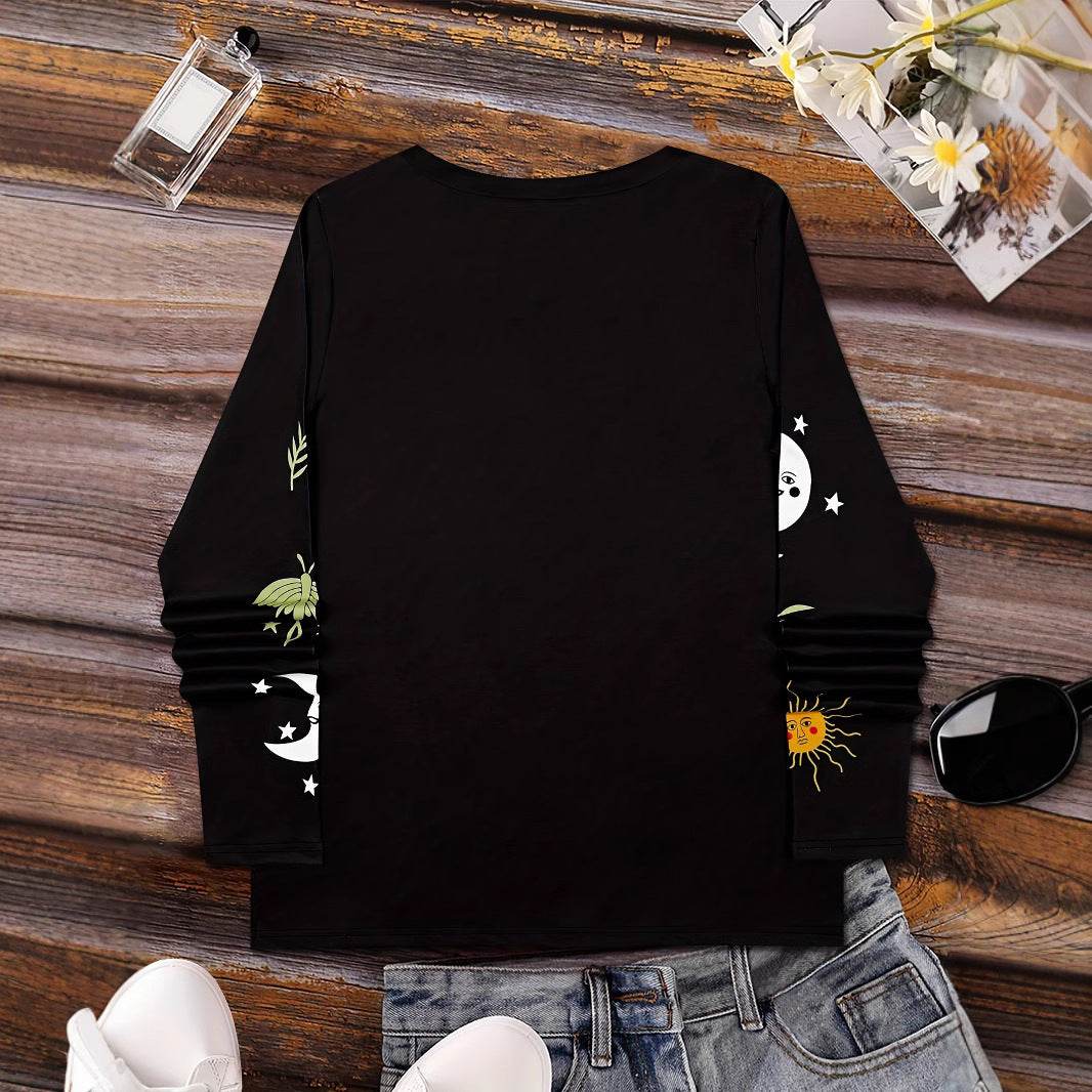 Buycenter Sun Moon Star Graphic V-neck T-shirt - Breathable Long Sleeve Blouse - Buy Center
