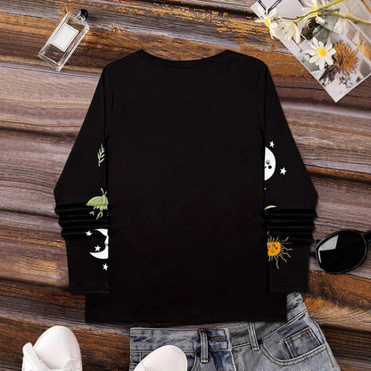Buycenter Sun Moon Star Graphic V-neck T-shirt - Breathable Long Sleeve Blouse - Buy Center