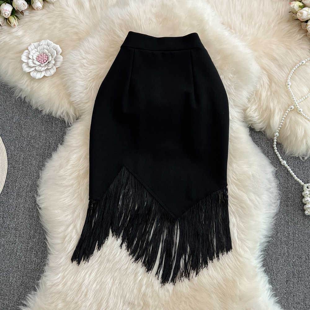 Buycenter High Waist Irregular Pencil Skirt with Tassel Detail | Black - Buy Center