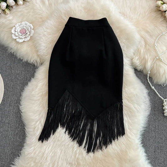 Buycenter High Waist Irregular Pencil Skirt with Tassel Detail | Black - Buy Center