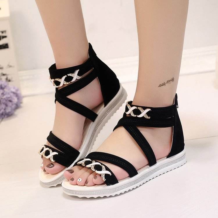 Women's Round Head Sandals - Thick Bottom Bag Heel in Black & Beige - Buy Center