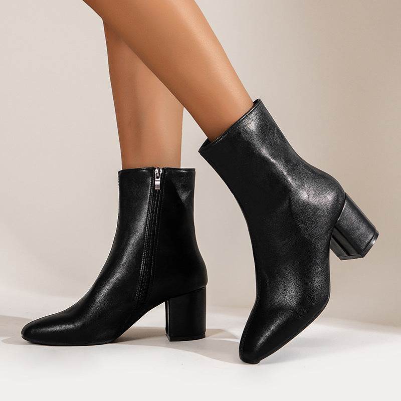Women's High Heel Boots - Stylish Chunky Square Toe, Side Zipper Design - Buy Center