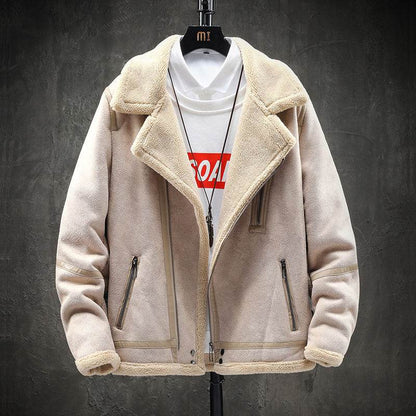 Short Lapel Men's Lamb Wool Jacket - Padded Plus Velvet in Khaki & Black - Buy Center