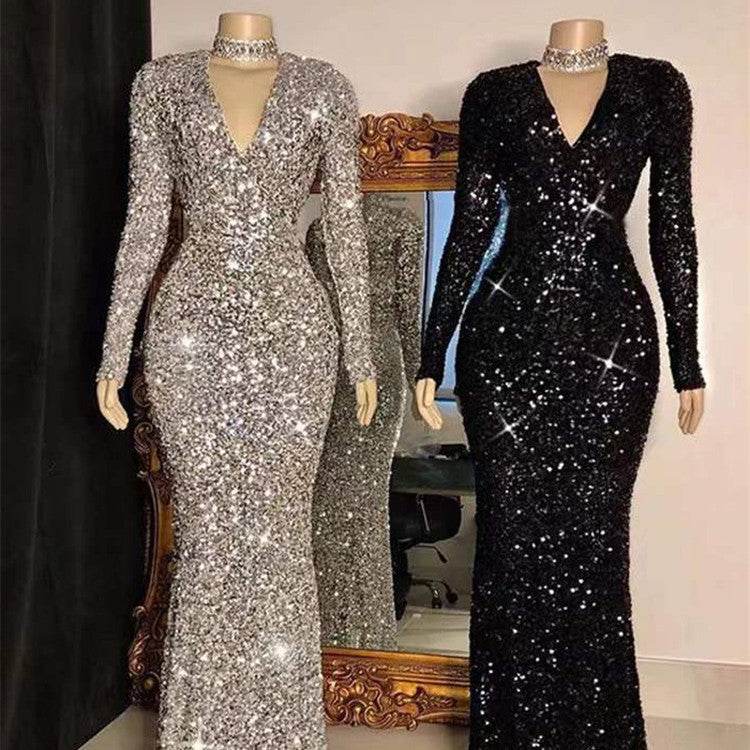Grey Long Sleeve Sequin Evening Dress - Elegant Prom Gown for Women - Buy Center