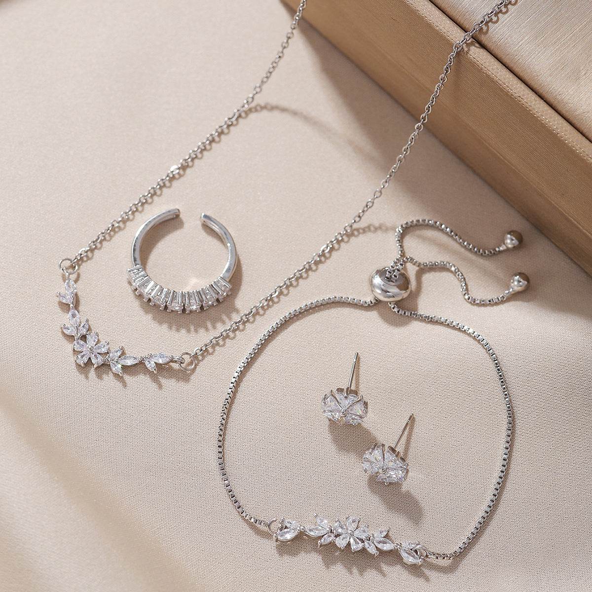Elegant Zircon Inlaid Jewelry Set - Silver Necklace, Ring, Earrings & Bracelet - Buy Center