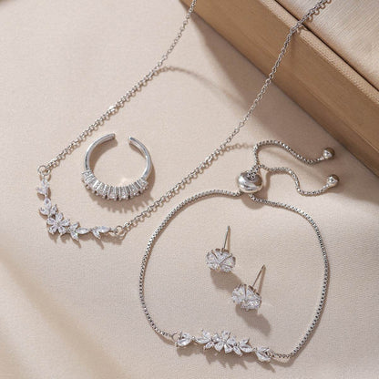 Elegant Zircon Inlaid Jewelry Set - Silver Necklace, Ring, Earrings & Bracelet - Buy Center