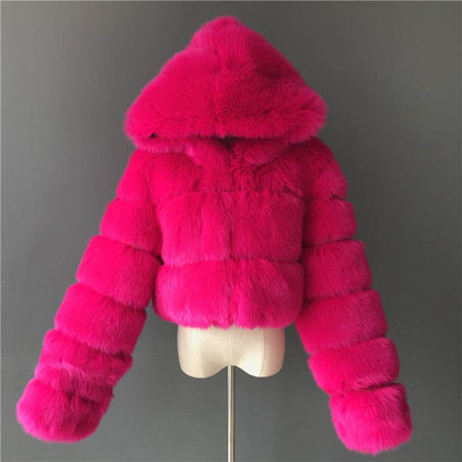 Trendy Short Hood Fox Fur Women's Coat - Stylish Faux Fur & Leather - Buy Center