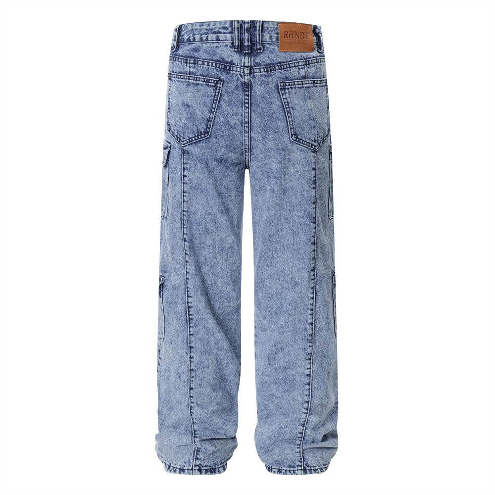 Men's Multi-pocket Washed-out Jeans - Casual Denim Trousers for All Seasons - Buy Center
