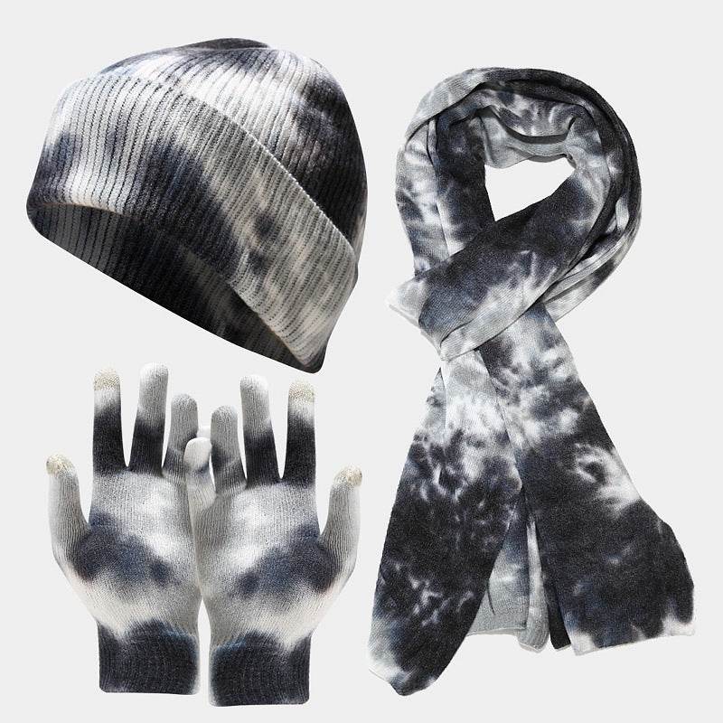 Trendy Tie-Dye Knitted Hat, Gloves & Scarf Set - Colorful Winter Ensemble - Buy Center