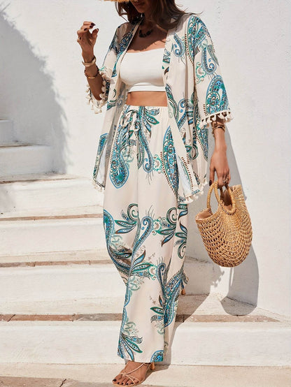 Women's Tropical Print Kimono Set - Lightweight 3/4 Sleeve Top & Pants - Buy Center
