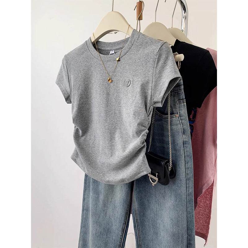 Buycenter Ladies Gray Short Sleeve T-shirt - Love Embroidery Design - Buy Center