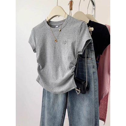 Buycenter Ladies Gray Short Sleeve T-shirt - Love Embroidery Design - Buy Center