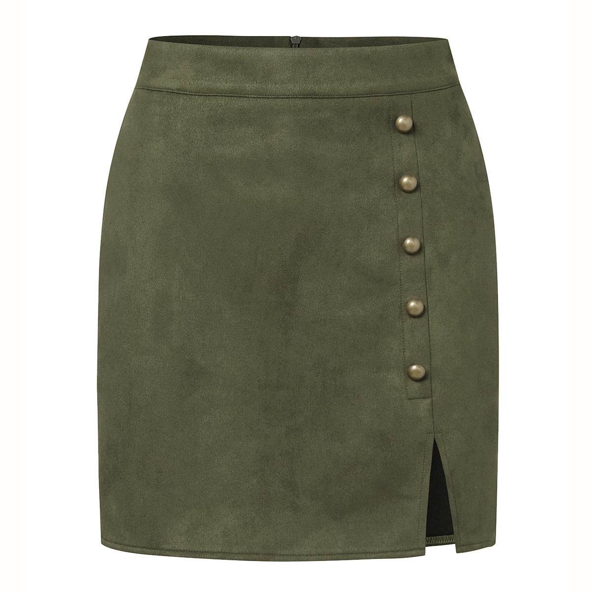 Buycenter Women's Suede High Waist Skirt - A-Line with Metal Buckle - Buy Center