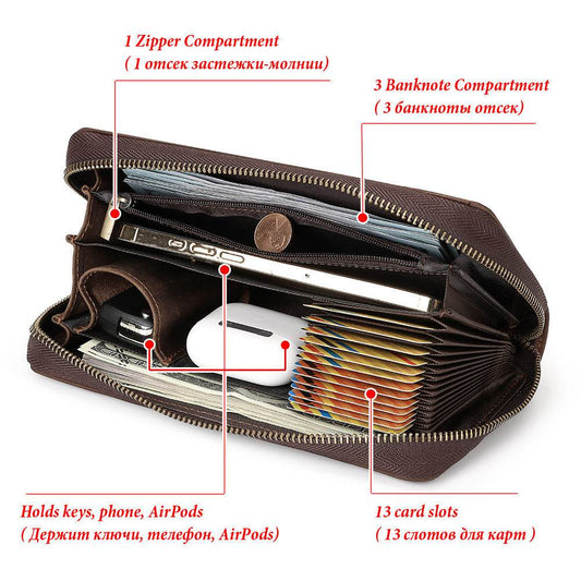 Vintage Cowhide Leather Wallet - Zipper & Multiple Card Slots for Men - Buy Center