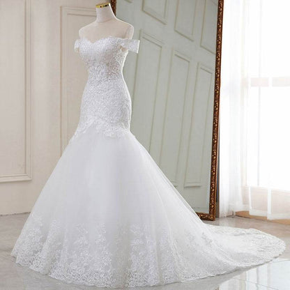 Elegant High Waist White Lace Wedding Dress - V-Neck Long Tail Style - Buy Center
