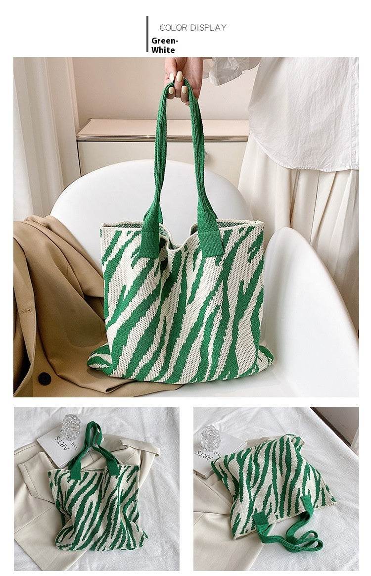 Large Capacity Zebra Pattern Tote Bag - Stylish Knitted Design for Women - Buy Center
