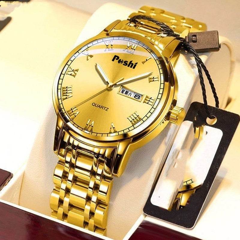 Men's Steel Band Quartz Watch - Luminous, Waterproof, Double Calendar - Buy Center