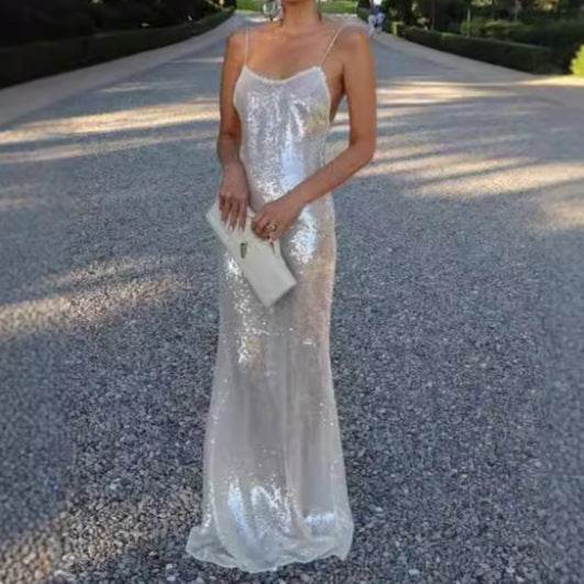 Elegant Silver Sling Dress - High-Waisted Evening Wear for Socialites - Buy Center