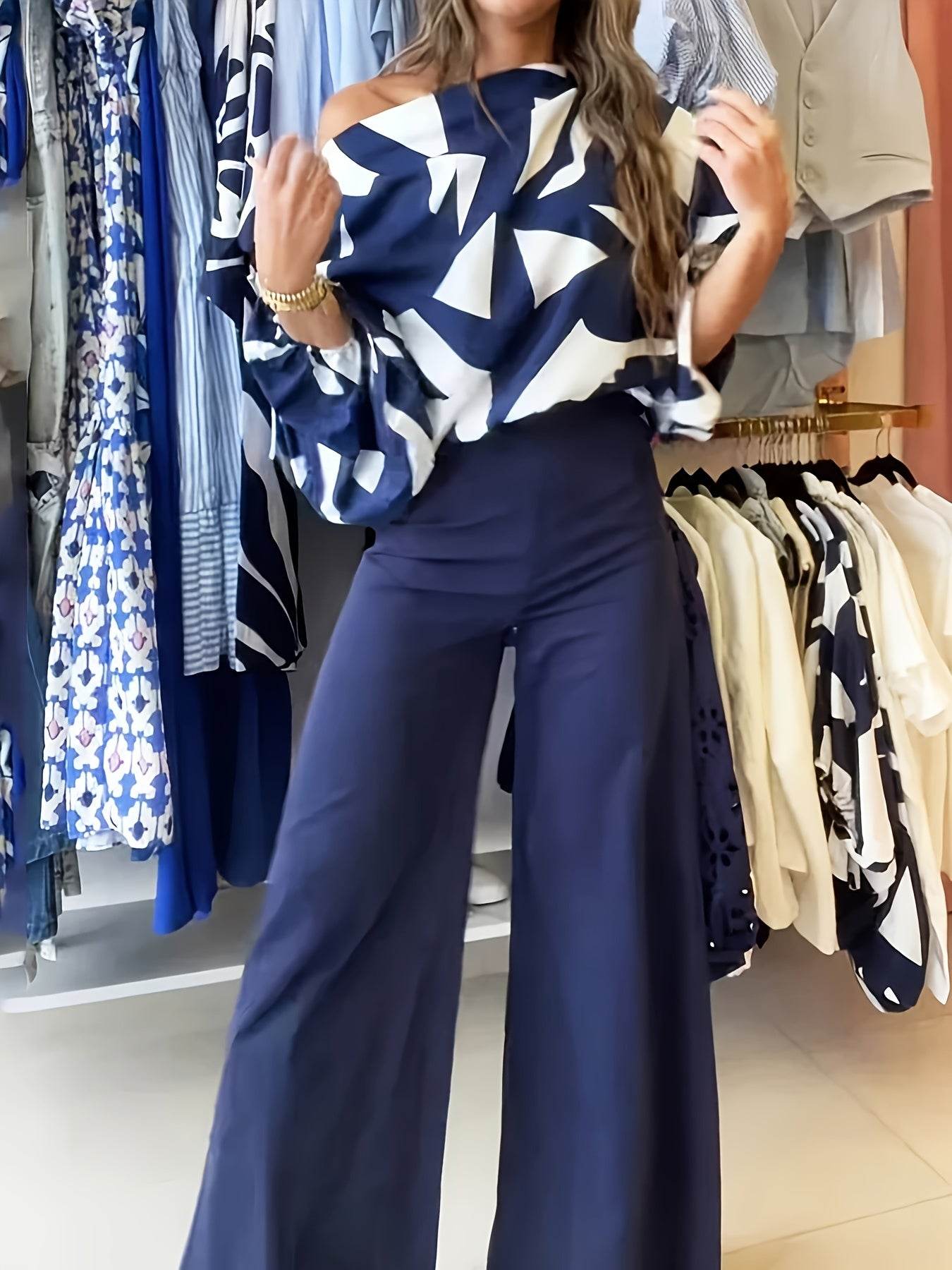 Geometric Printed Casual Top & Pants Set - 100% Polyester, All Season - Buy Center