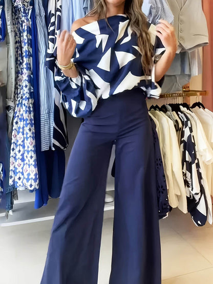 Geometric Printed Casual Top & Pants Set - 100% Polyester, All Season - Buy Center