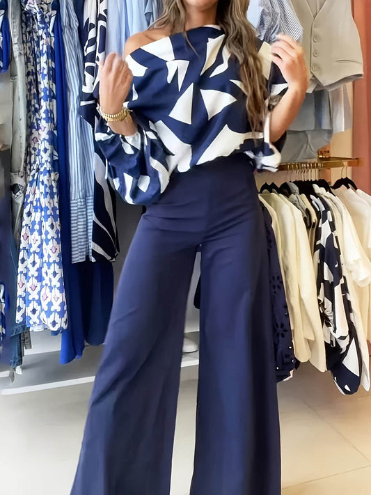 Geometric Printed Casual Top & Pants Set - 100% Polyester, All Season - Buy Center