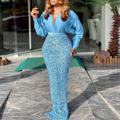 Embroidered Sky Blue Evening Dress - Ladies' Long Skirt, Irregular Design - Buy Center