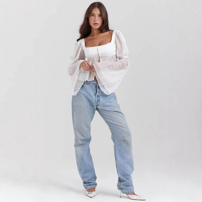 Buycenter Elegant Sheer Long Sleeve Square Collar Top - Fashionable Blouse - Buy Center