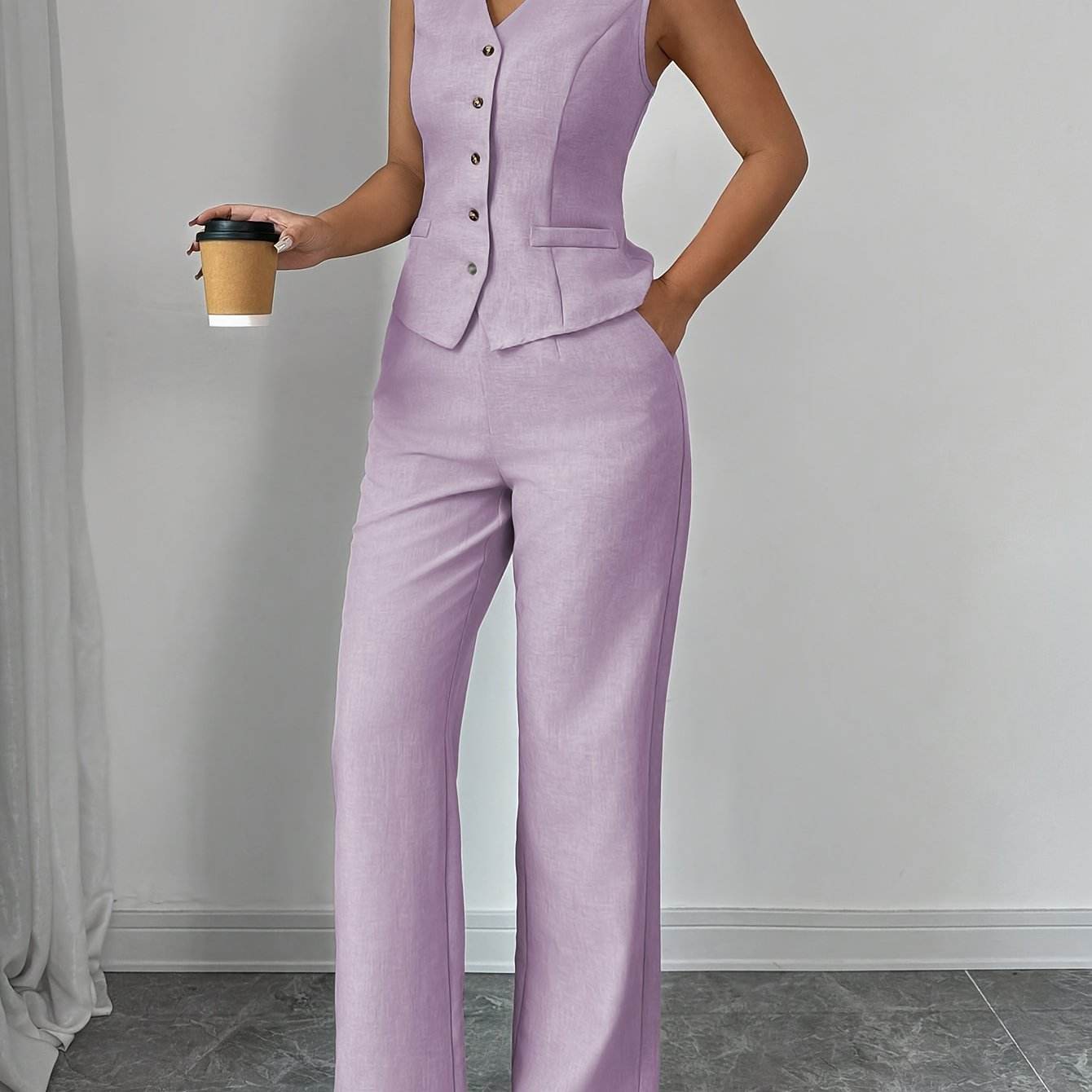 Women's Solid Color Vest & Wide-Leg Pants Set - Elegant Spring Look - Buy Center