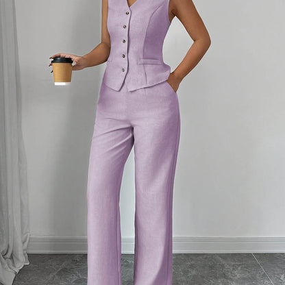 Women's Solid Color Vest & Wide-Leg Pants Set - Elegant Spring Look - Buy Center