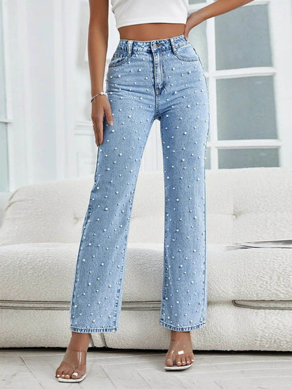 Women's Cropped Beaded Jeans - Light Blue Mid Waist Denim Trousers - Buy Center